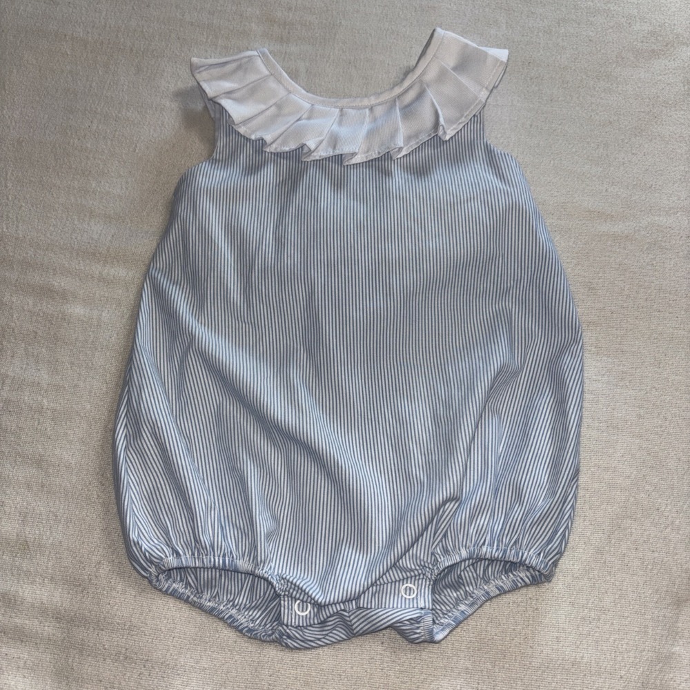 Zuccini Girls Blue & White Striped Seersucker Smocked Romper White Back Bow 12M
